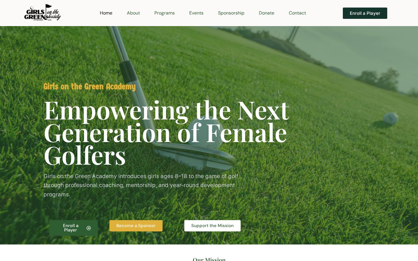 Homepage screenshot of the Girls on the Green Society website built by InsightWeave
