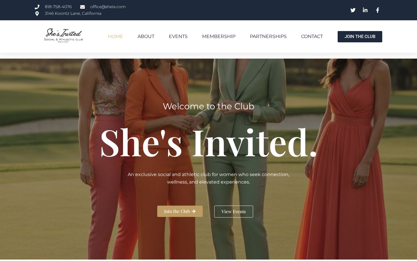 Homepage screenshot of the She's Invited Social Club website built by InsightWeave