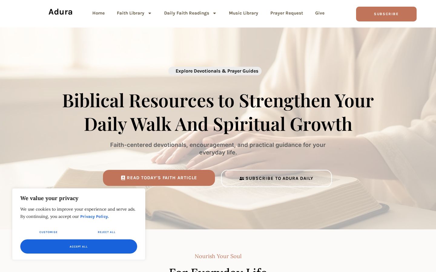 Homepage screenshot of the Adura Worship website built by InsightWeave