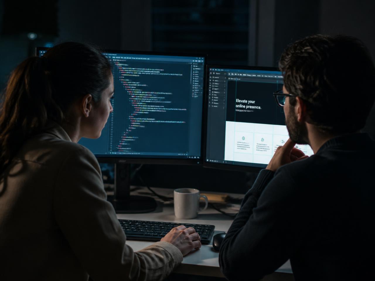 A developer and designer building a website together at dual monitors