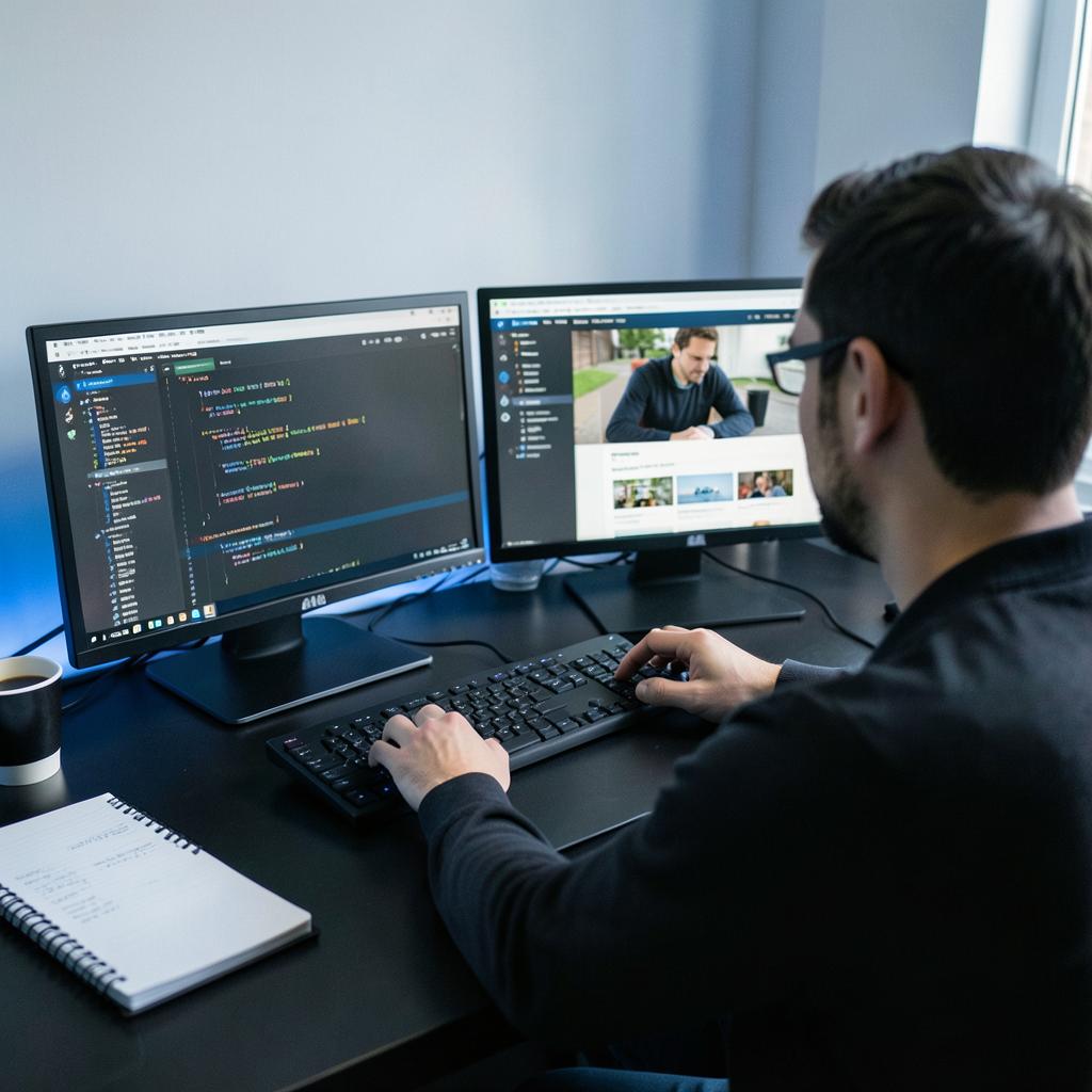 A developer building a website across dual monitors with a live preview