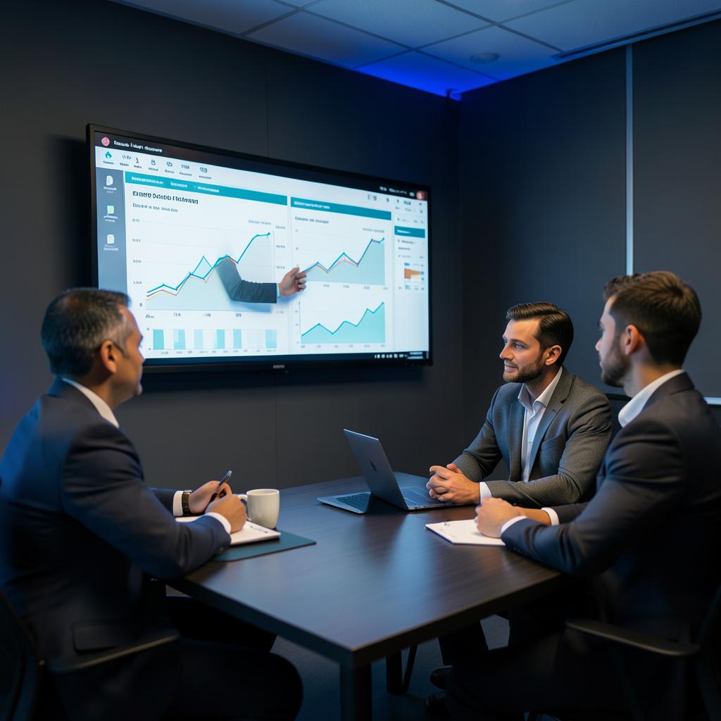 A strategist walking clients through analytics dashboards on a wall screen