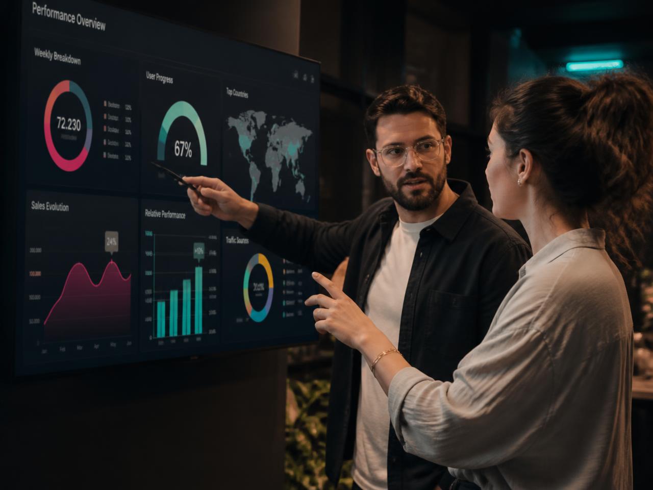 Two colleagues reviewing website performance dashboards on a large screen