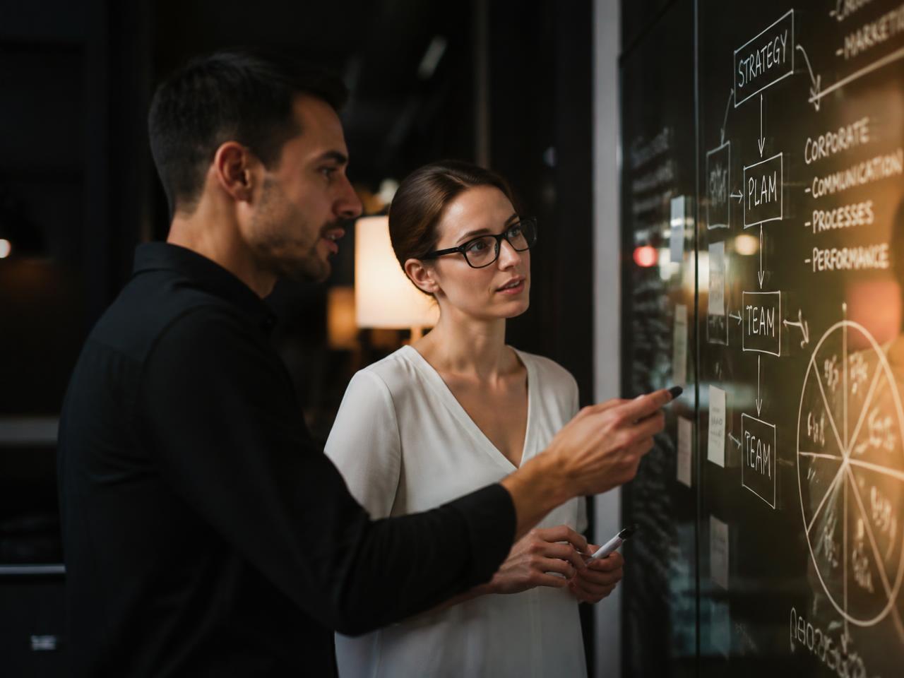 Two people mapping a strategy diagram on a glass whiteboard