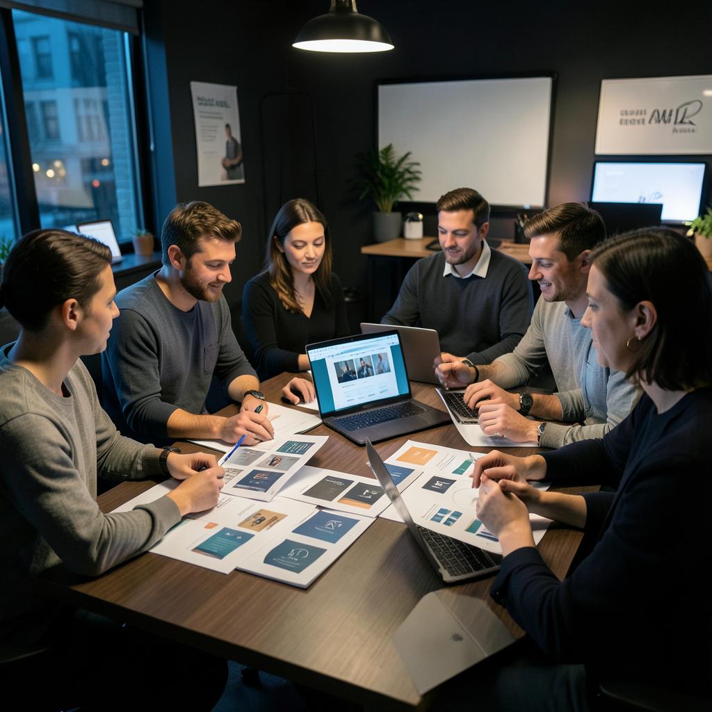 The InsightWeave team reviewing printed website designs and brand boards around a table
