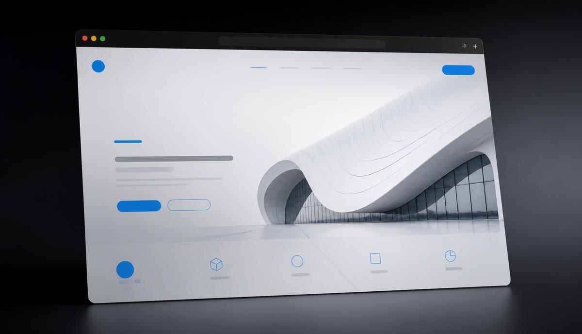 Beautifully designed website mockup in a floating browser window with a sparse, unclear layout