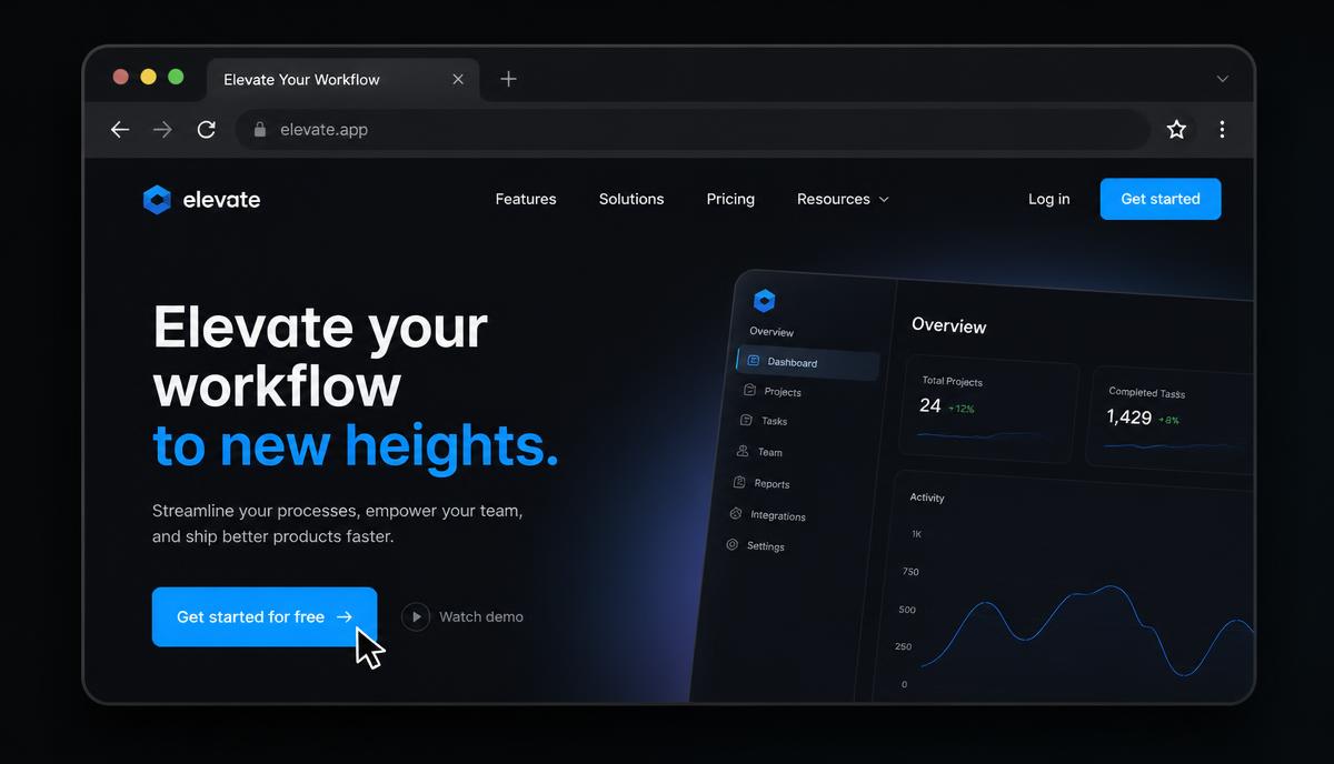 Website hero mockup with a prominent blue call-to-action button and cursor hovering over it