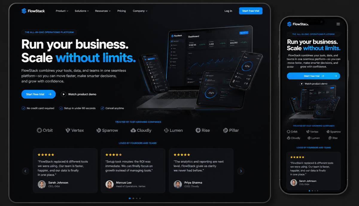 High-converting homepage mockup on desktop and mobile with hero, trust logos and testimonials