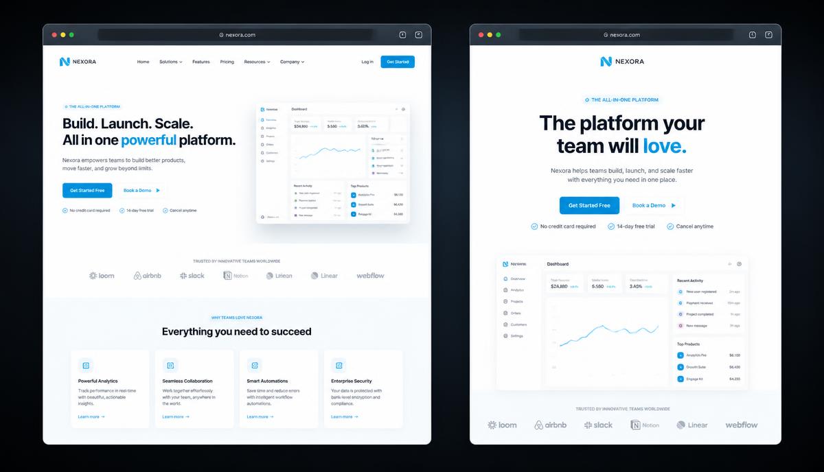 Two website mockups side by side: a full homepage layout next to a focused landing page
