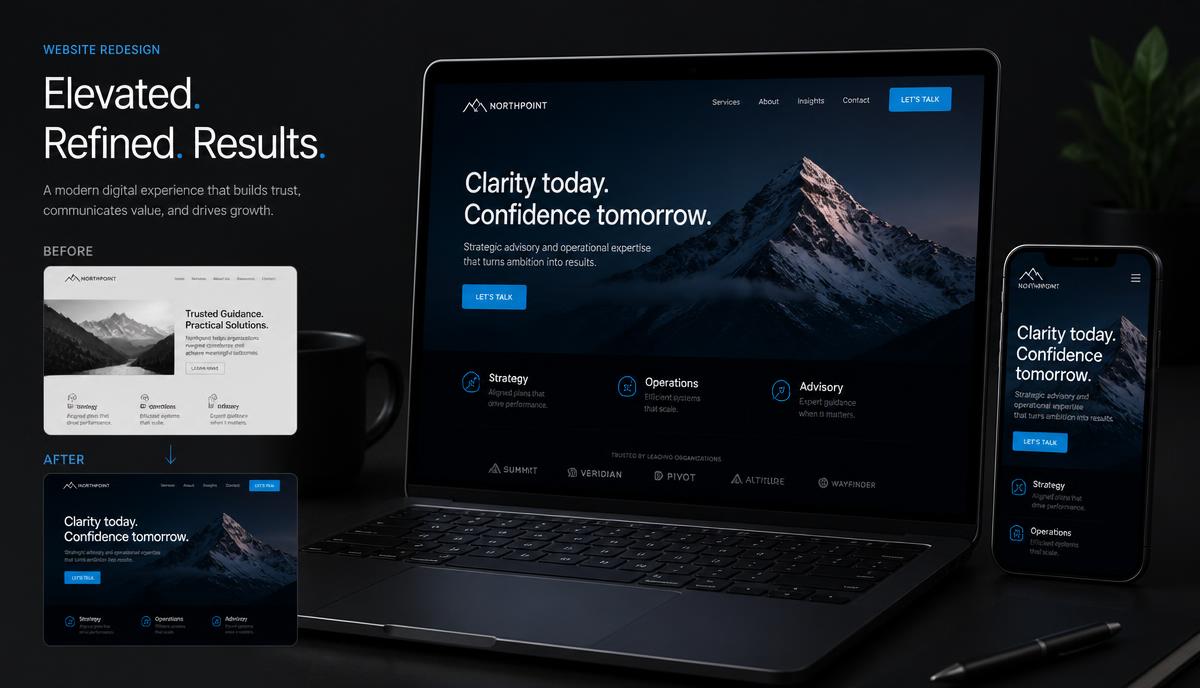 Before-and-after website mockup on a laptop and phone showing a modern dark redesign