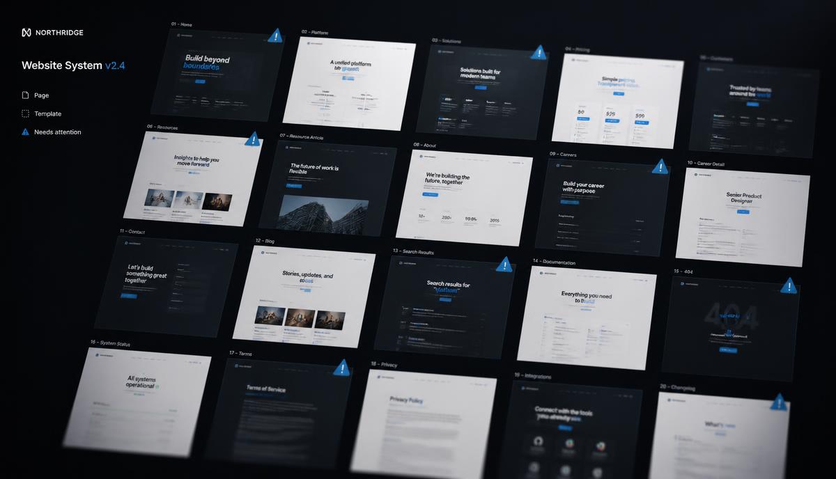 Grid of website page mockups with several screens flagged for design problems