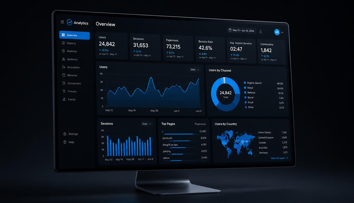 Website analytics dashboard mockup on a desktop monitor showing traffic and conversion charts