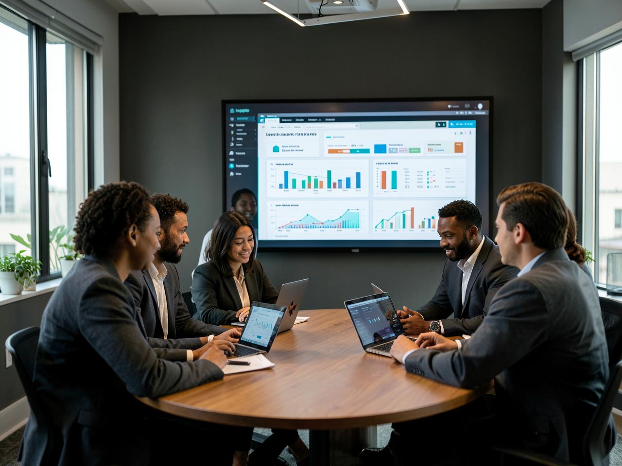 Business leaders reviewing growth performance together in a meeting room