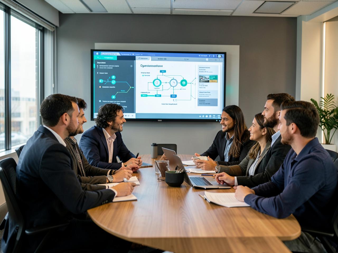 An organisation team discussing a connected digital workflow